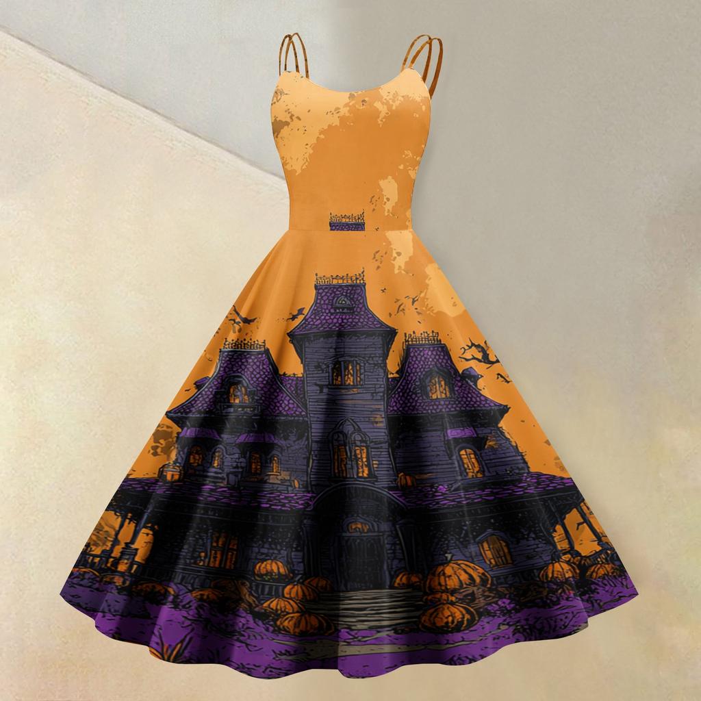 Women's Sleeveless Casual Dress with Halloween Print Round Neck Vintage Style Fit and Flare Midi Dress for Everyday Wear