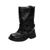 New inner heightening round head wide tube thick heel medium boots women's retro belt buckle western pleated short boots women's knight boots