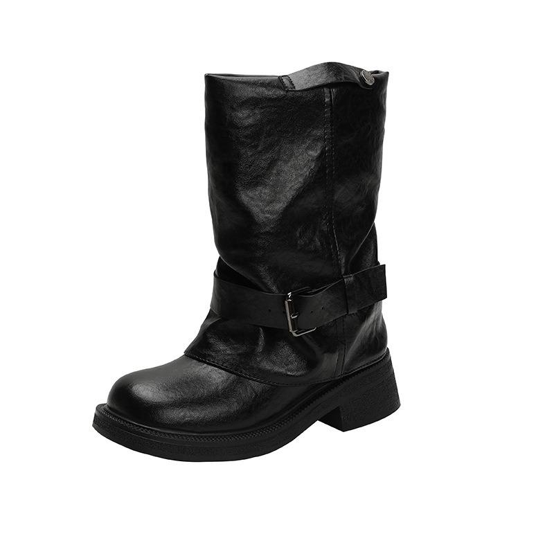 New Inner Heightening Round Head Wide Tube Thick Heel Medium Boots Women's Retro Belt Buckle Western Pleated Short Boots Women's Knight Boots