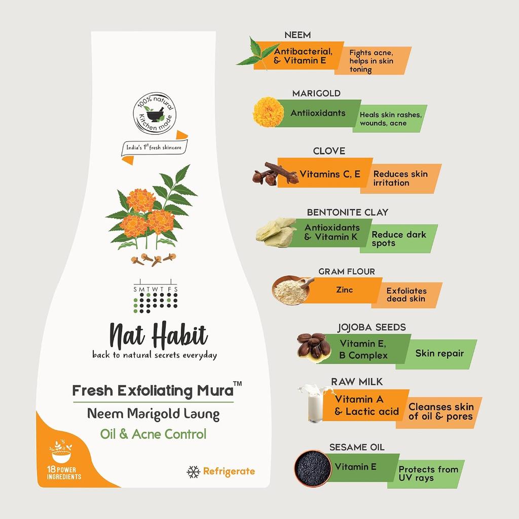 Nat Habit Neem Marigold Laung Face Scrub For Deep Cleansing And Oil Control, Natural Exfoliating Mura For Glowing Skin Pack of 3 x 25 gm