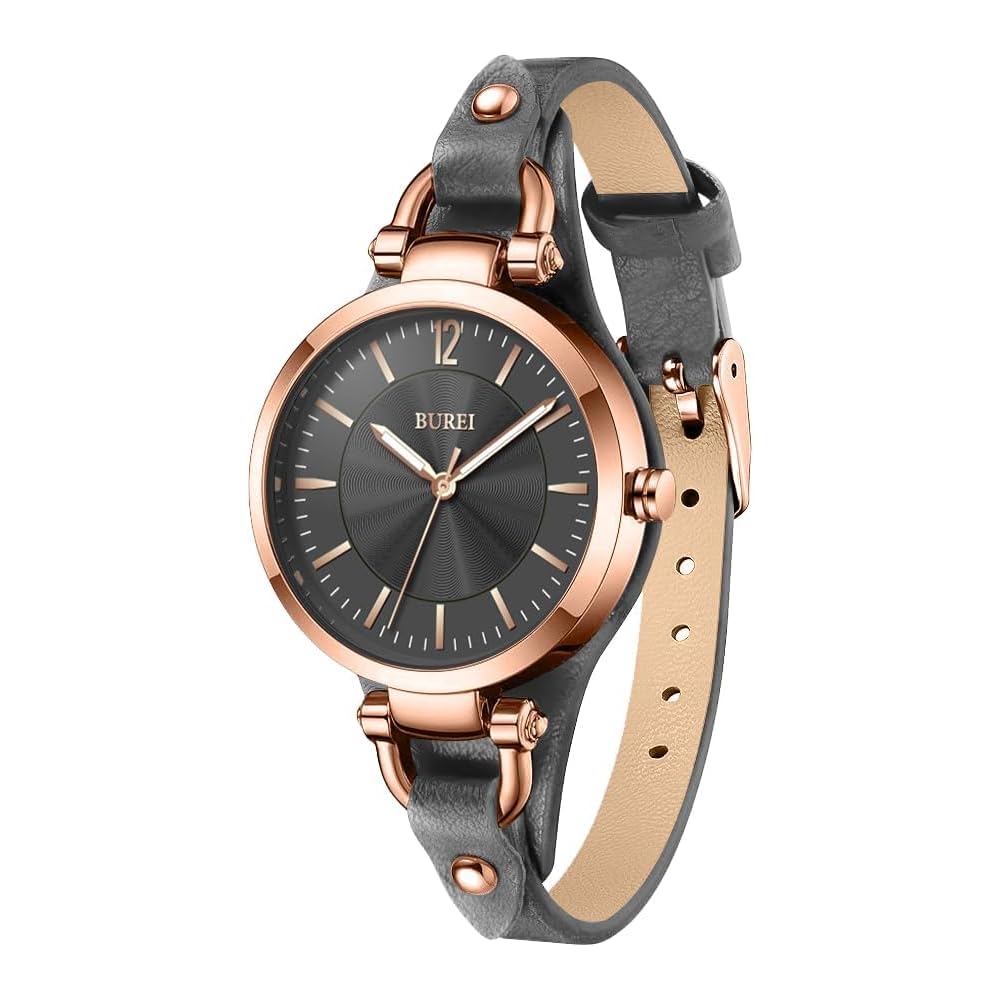 BUREI Women s Analog Quartz Watch Rose Gold Gray Waterproof Leather Strap Large Dial Simple Stylish Lightweight