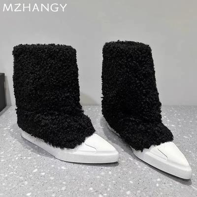 Dámské kotníkové boty s kožešinou se špičatou špičkou, ploché, designové plyšové boty pro ženy, trend 2025, gotické Chelsea boty, zimní nové Mujer sněhové boty