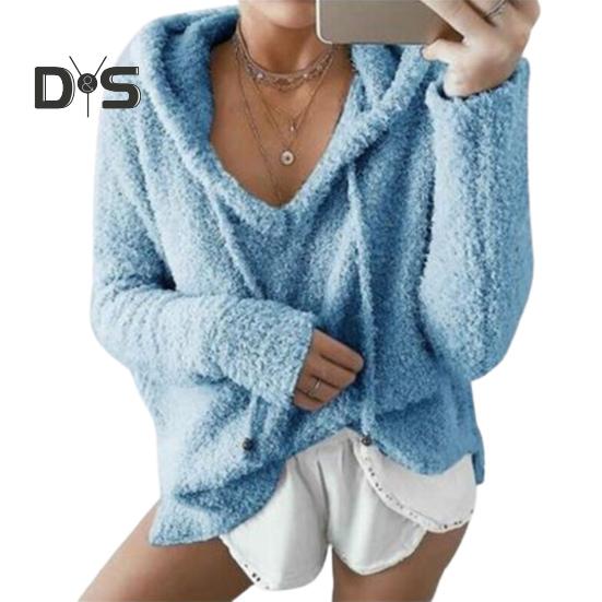 Auutmn Winter Women Hoodie Drawstring Hooded Thick Fuzzy Long Sleeves Solid Color Loose Heat Retention Pullover Casual Wear Sport Top