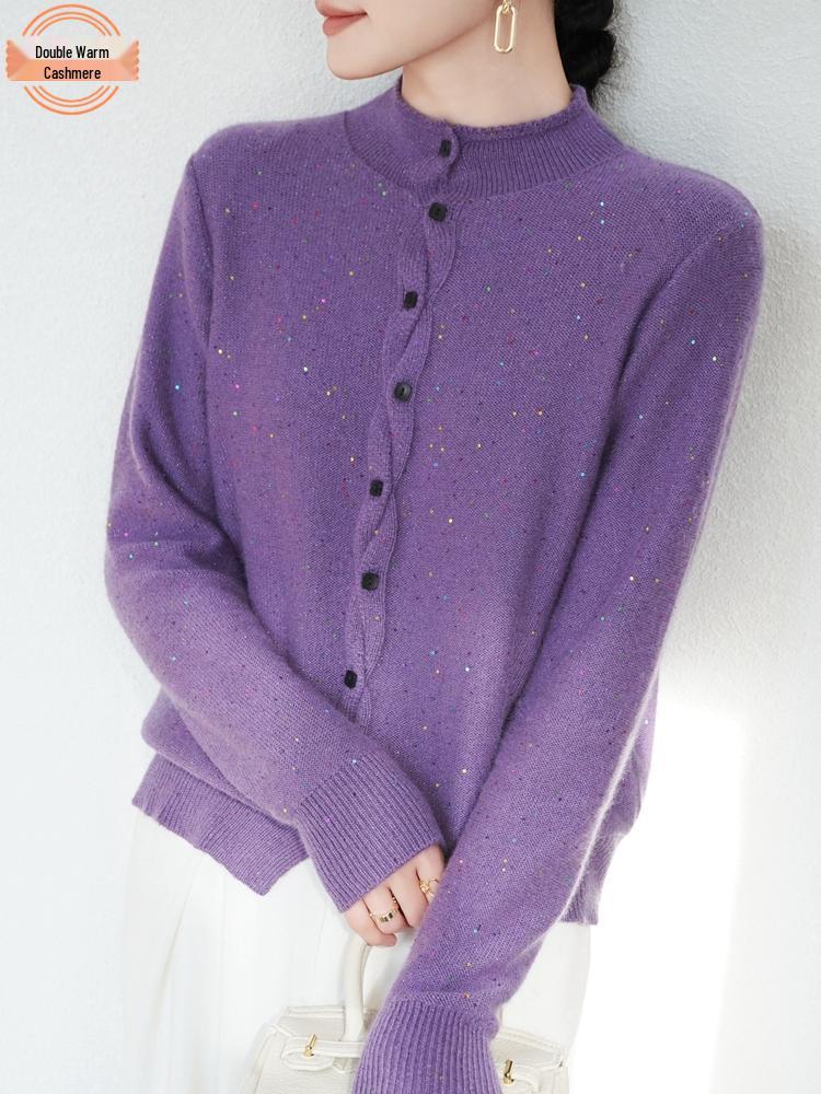 Women's Wool Knit Cardigan with Colorful Beads & Half-High Collar