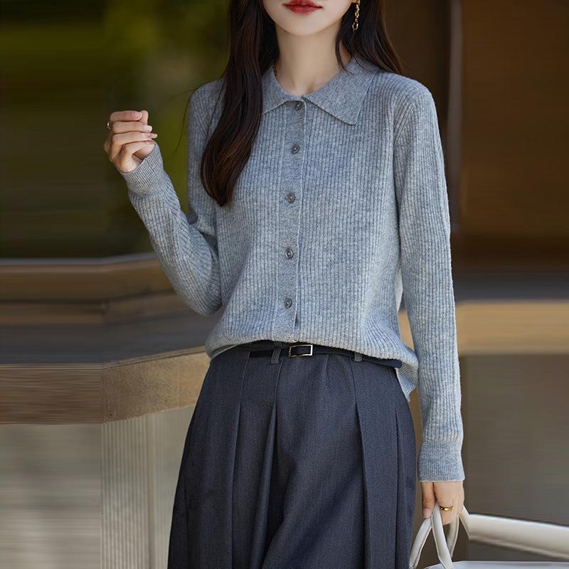 2024 Autumn/Winter Women's 100% Wool Striped Polo Collar Cardigan - Loose, Slimming, Versatile Fashion.