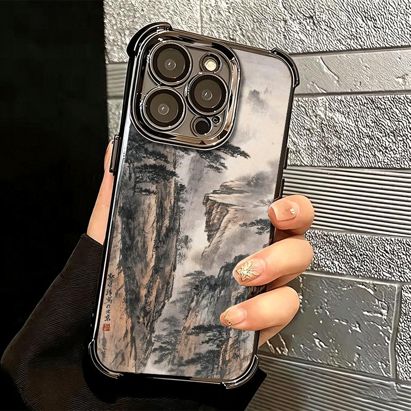 Chinese Style Ink Painting Art Soft Phone Case For iPhone 15 16 17 Air 14 Pro Max 16E Plus 13 12 Mini Plating Anti-Fall Fundas