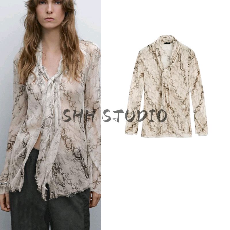 MD Spring New Women's Clothing French Style Semi See-through Light and Elegant Snake Pattern Scarf Collar Long Sleeves Shirt 5113882