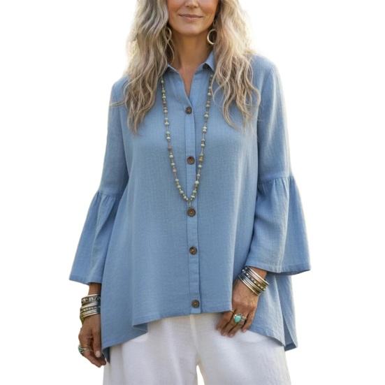 

Жіноча футболка з довгим рукавом на ґудзиках, з коміром, рукавами-дзвіночками. Осінь, весна. Повсякденний вільний топ. Шифонові блузки 2XL небо синє кольору