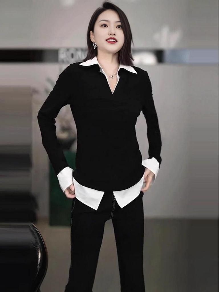 2026 Spring Fashion Korean Color-Block Patchwork Two-Piece Long Sleeve Women's Shirt