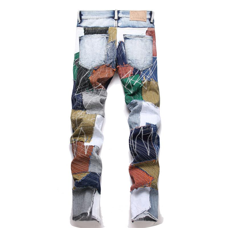 New Style Retro Fashion Stitching Patchwork Mens Straight-leg Non-stretchy Denim Jeans Mid-waist Casual Mens Pants 3843