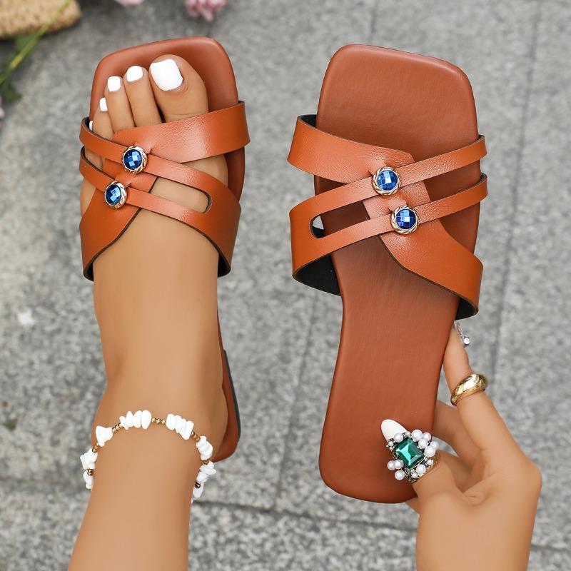 Fashion Large Size Slippers Summer New Square Head Diamond Buckle Hollow Soft Sole Anti-slip Wear-resistant Roman Shoes