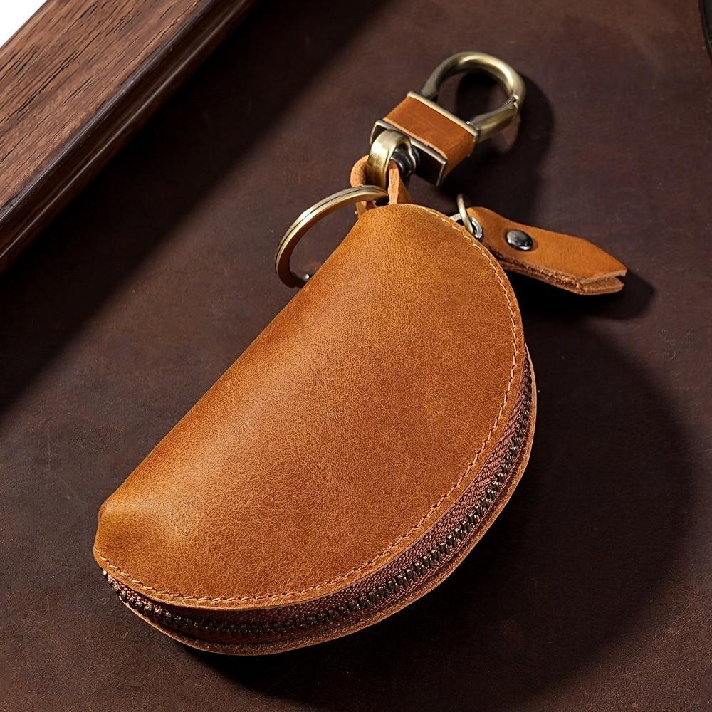 Genuine Car Key Pouch Crazy Horse Leather Key Storage Bag Key Case with Carabiner Men/Women