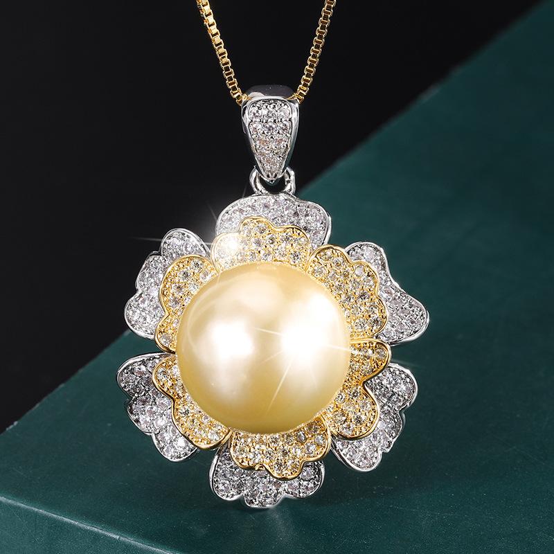 Jewelry Inlaid Austrian Fritillary Pearl Gold-Plated Color-Separated Diamond-Set Flower Women'S Pendant Necklace 14Mm