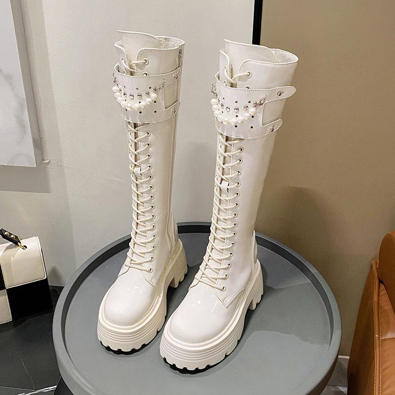 Kozačky Skinny vnitřní zvýšení silná podrážka dámské 2025 zima samet perlový řetízek ale nad koleno rytířské kozačky