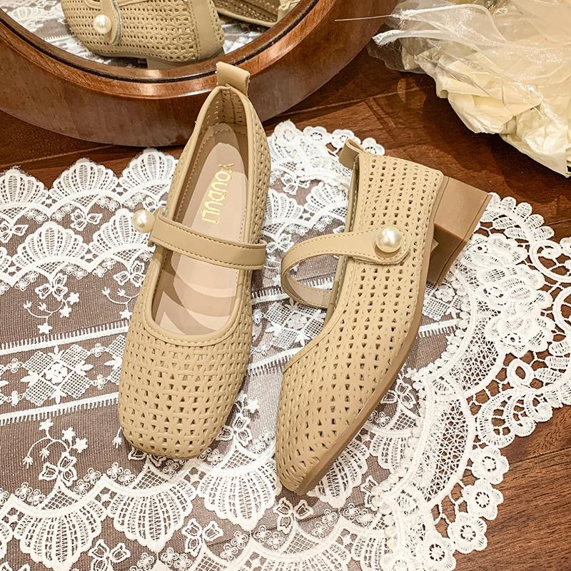 

Модные французские туфли Мэри Джейн, женские туфли с полым сетчатым плетением, на блочном каблуке, летний сезон 2025, новый стиль, с юбкой, туфли для бабушки 40 хаки