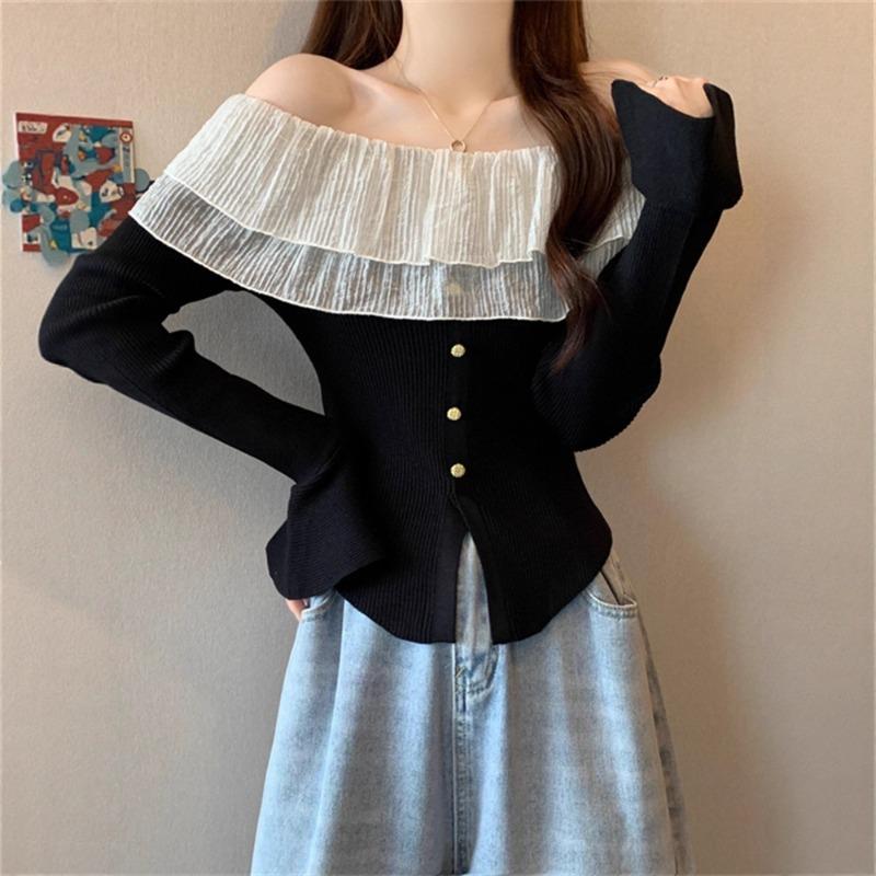 Lotus leaf edge one-word shoulder horn sleeve black shirt women's early autumn temperament thin design short top