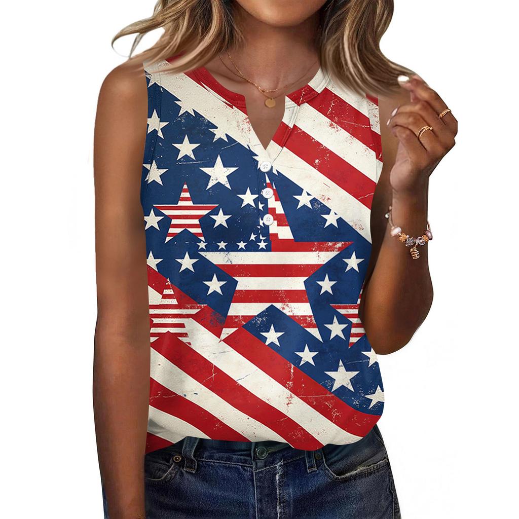 Canotta da donna senza maniche con scollo a V e bottoni sul davanti, camicetta casual estiva, stampa bandiera americana, leggera, vestibilità ampia