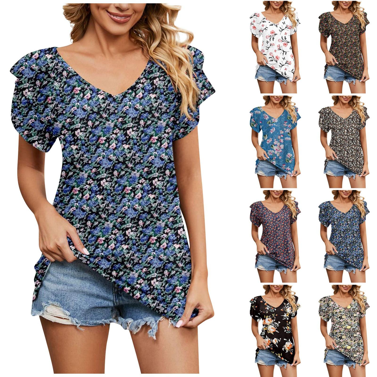 

Женская повседневная футболка с v-образным вырезом и коротким рукавом, свободный топ с рюшами и рукавами