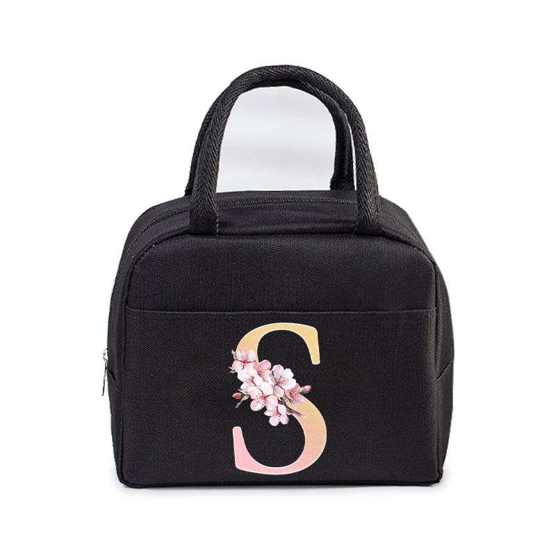Cherry Blossom Letter N-Z Print Women Men Lunch Bag Fashion Alphabet Portable Insulated Bag School Multifunctional Bento Handbag