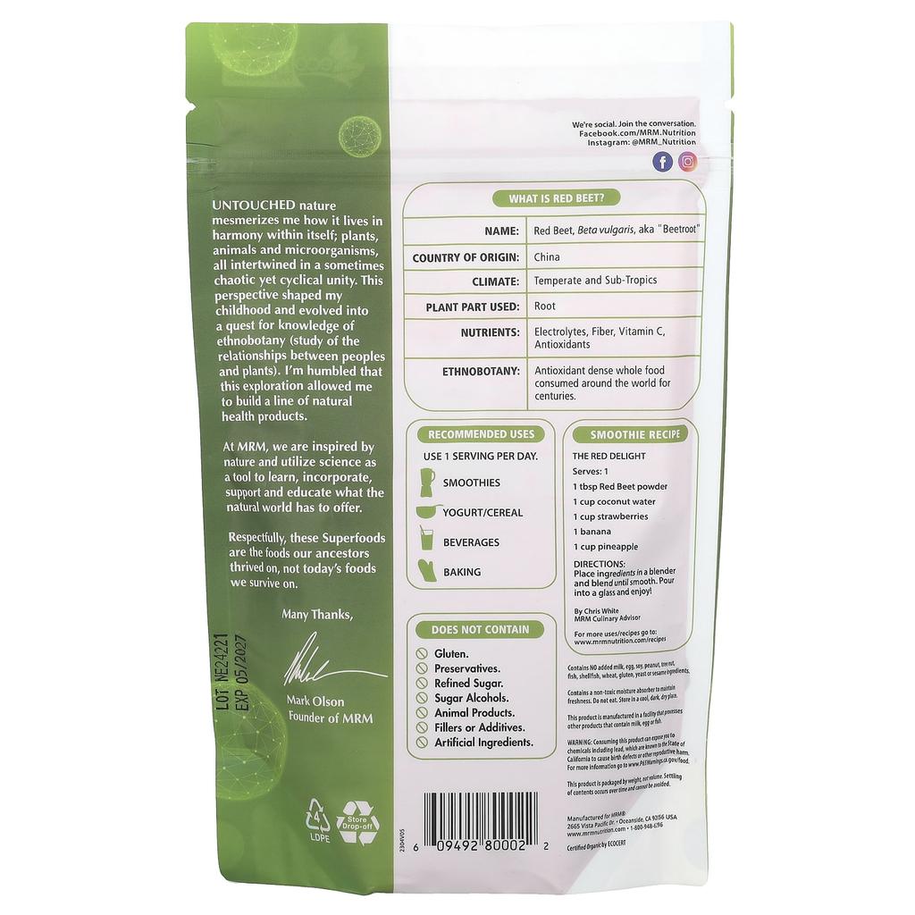 MRM Nutrition, Organic Red Beet Powder, 8.5 Oz (240 G)