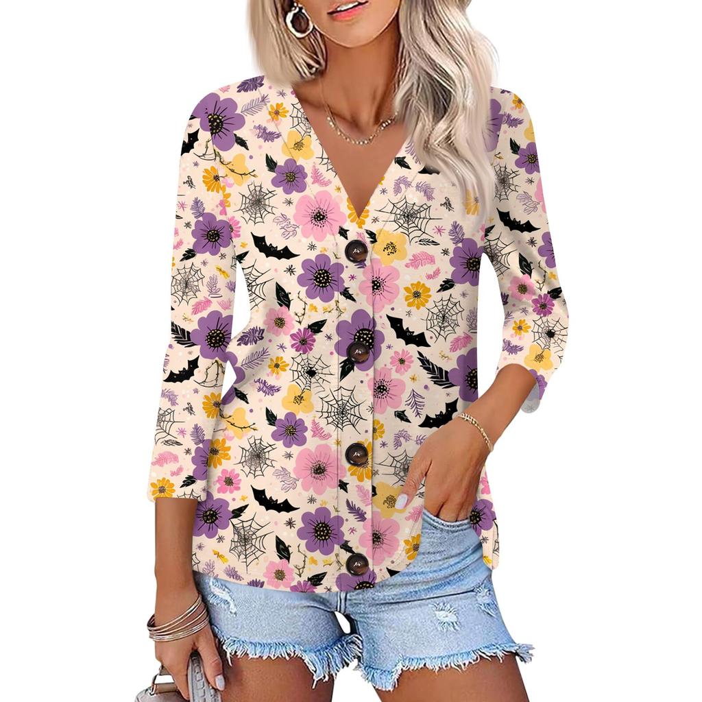 Damenmode Lässiges bedrucktes Button-Down-Hemd 3/4 lange Ärmel Oberteile