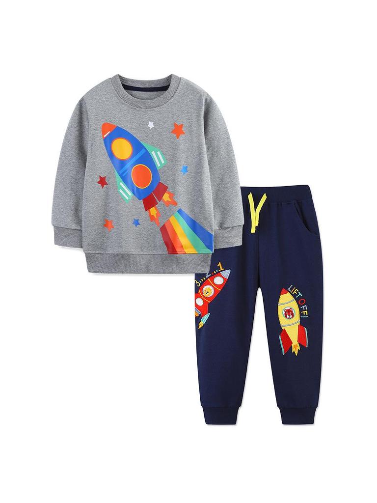 Boys' Rocket Print Long-Sleeve Pullover & Embroidered Sports Pants Set