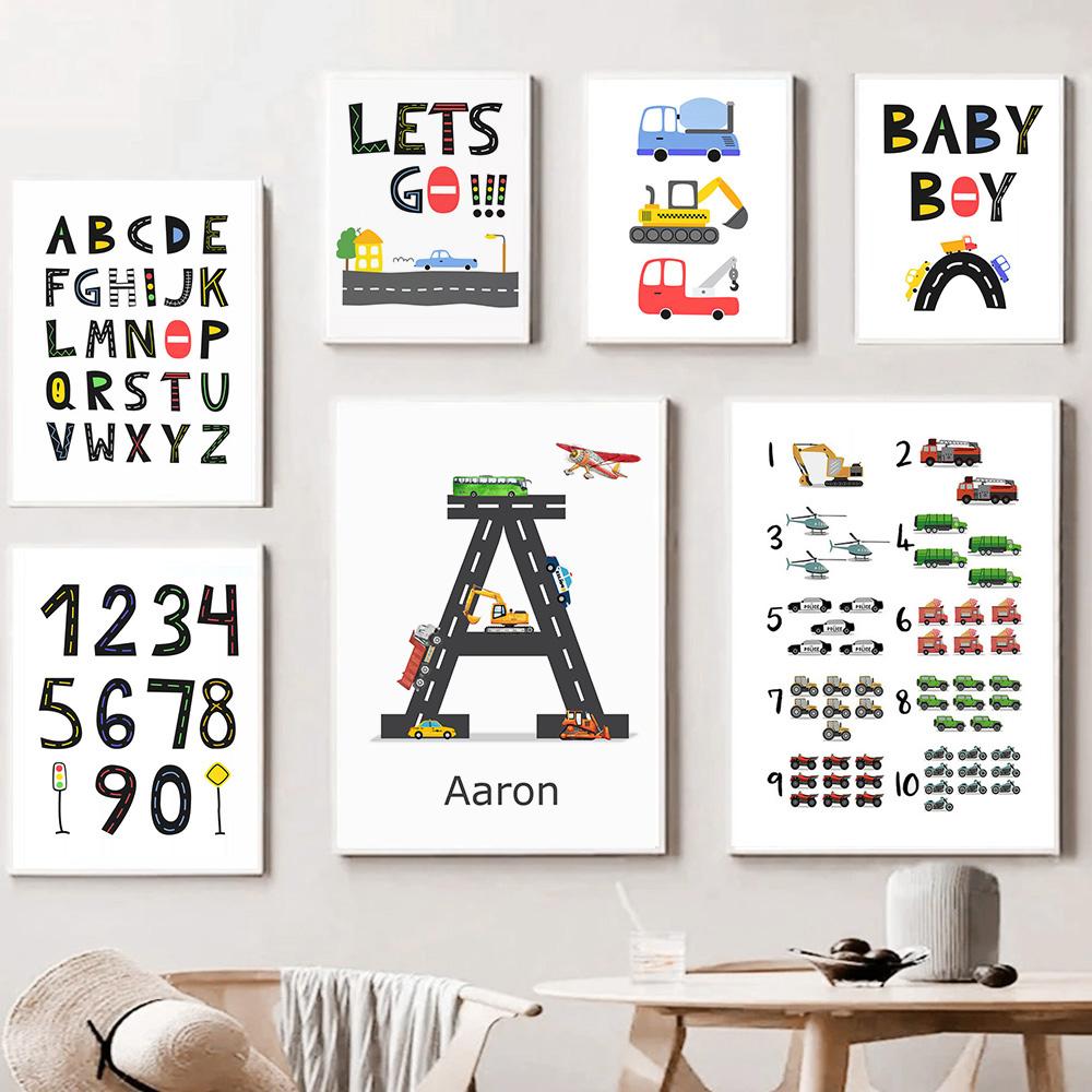 Customized Name Nursery Wall Art Personalized Wall Poster Print Traffic Car Letter Canvas Painting Pictures Kids Baby Room Decor