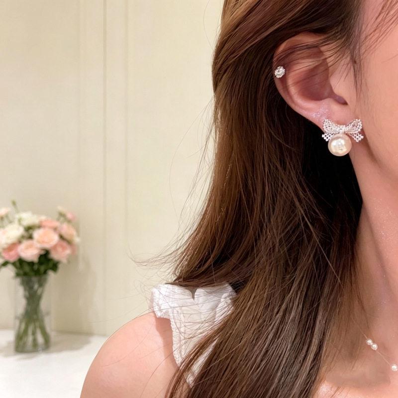 Exquisite French Pearl Bow Lace Earrings for Women - Unique Light Luxury Studs