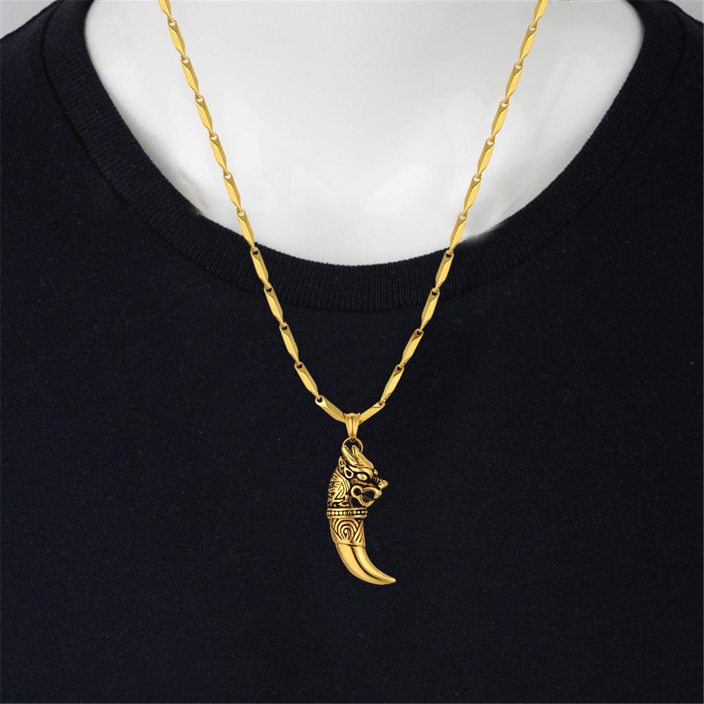 Punk Dragon Pattern Wolf Tooth Pendant Male Gold Color Stainless Steel Animal Amulet Necklace For Men Cool Jewelry Gift