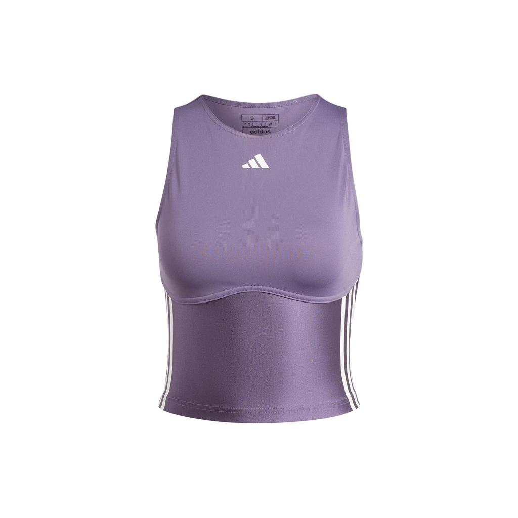 Adidas Hyperglam Shine Crop Tank Top With Logo Stripe Round Neck Quick-Dry Sports Fitness Vest Women Tops Dark-Grey Violet IN6822
