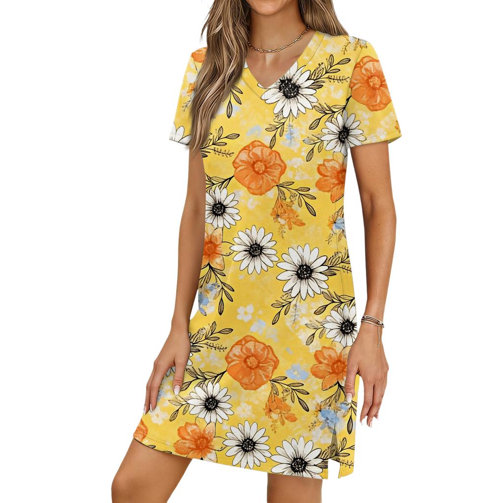 Women's Casual V-neck Short Sleeve Split Hem Floral Print Dress