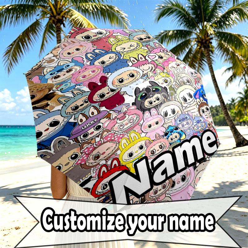 Custom Name Personalized Labubu Print Umbrella, Auto Open Close, 8‑Rib Sturdy Frame, Commute Camping Hiking Use, Birthday Gift