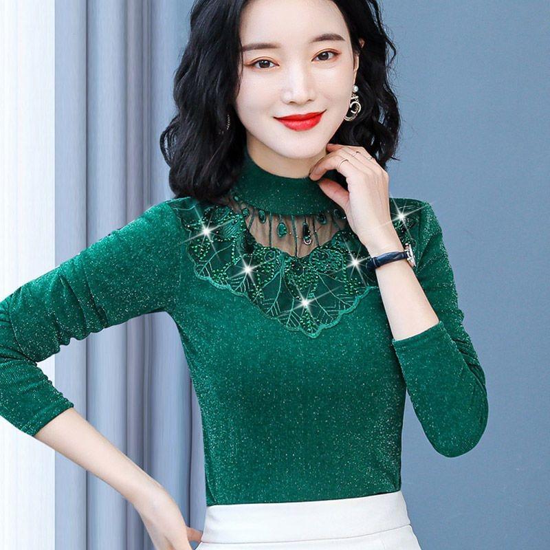 Women Bottom Lace Mesh Diamonds Blouse Autumn Winter Slender Warm Long Sleeves Shirt Elegant Vintage Solid Hollow Out Tops