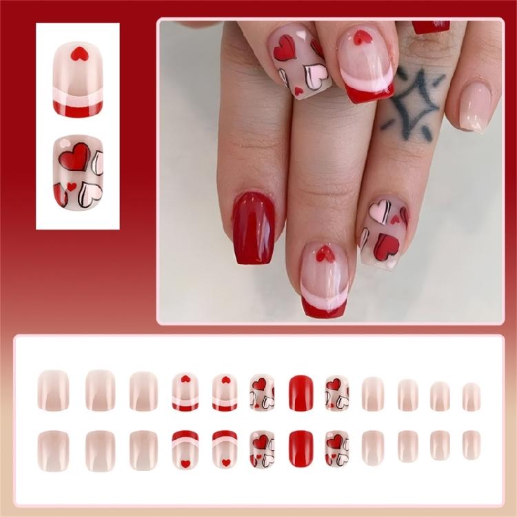 24pcs Valentines Nail Press On Nail French Tip Short Square Elegant Heart Designs Stick on Nail Manicure Nail Accesories