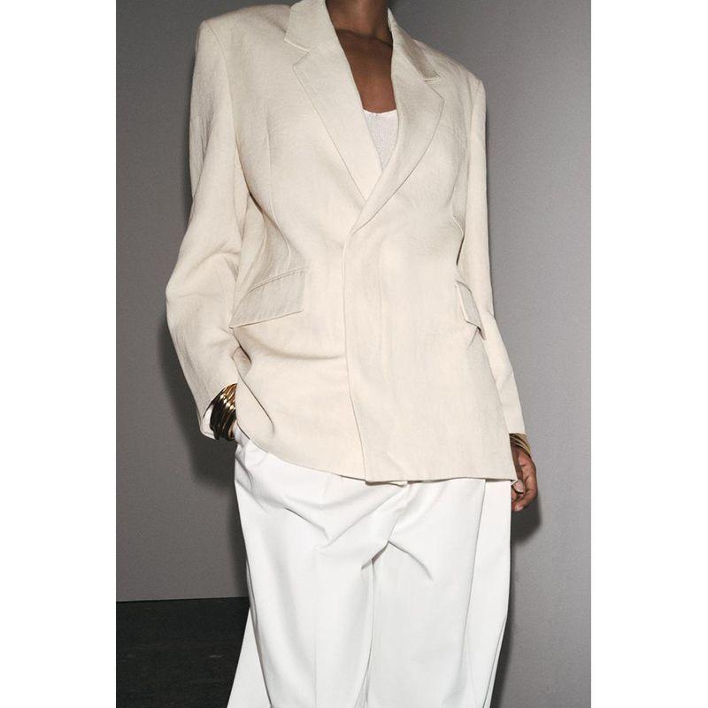 Spring and Summer Women's Clothing Elegant Commuter Long Sleeve Lapel Linen Blend Loose Casual Suit Jacket 2716767