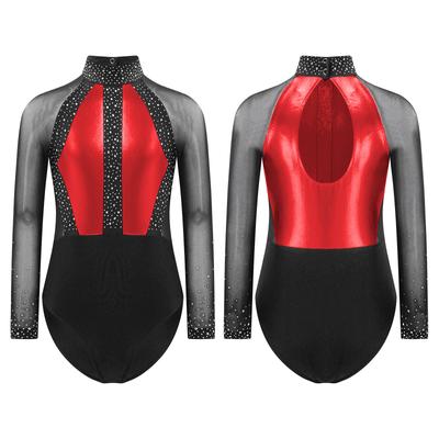 Mädchen Glitzernde Strasssteine Turnanzug Colorblock Patchwork Schlüssellochrücken Transparentes Mesh Langarm Gymnastik Tanz Body