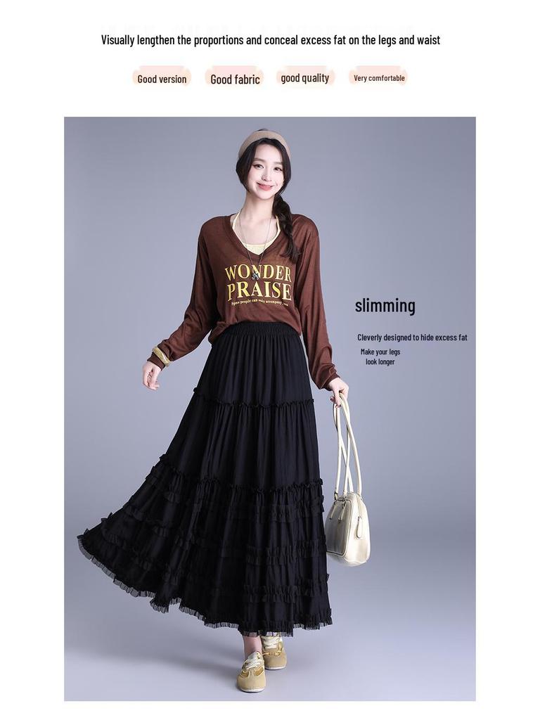 2026 Summer Women's Korean A-Line White Midi Skirt – High Waist, Lace Trim, Drape Design