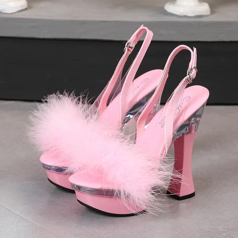 Maomao Fishbill Shoes Nightclub Thick Heel High Heel Shoes 14CM Car Model Sandals Women's Walking Show Steel Pipe