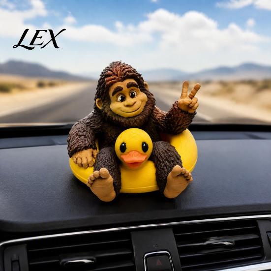 Humorous Home Space Decor Sasquatch And Duck Figurine, on Swimming Ring Statue, Unique Shelf Display Statue Funny Animal for Tabletop Cute