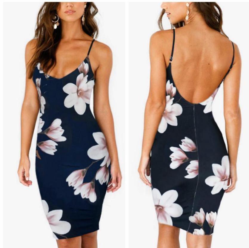 Fashion Summer Floral Dress Women Sexy Print Dress Backless Bodycon Slip Dress
