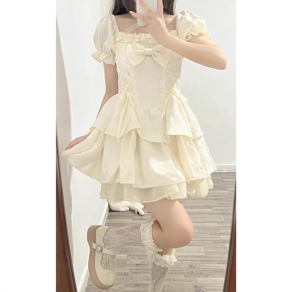 French square neck bubble sleeve pure desire dress waist temperament design sense niche sweet fairy short skirt summer
