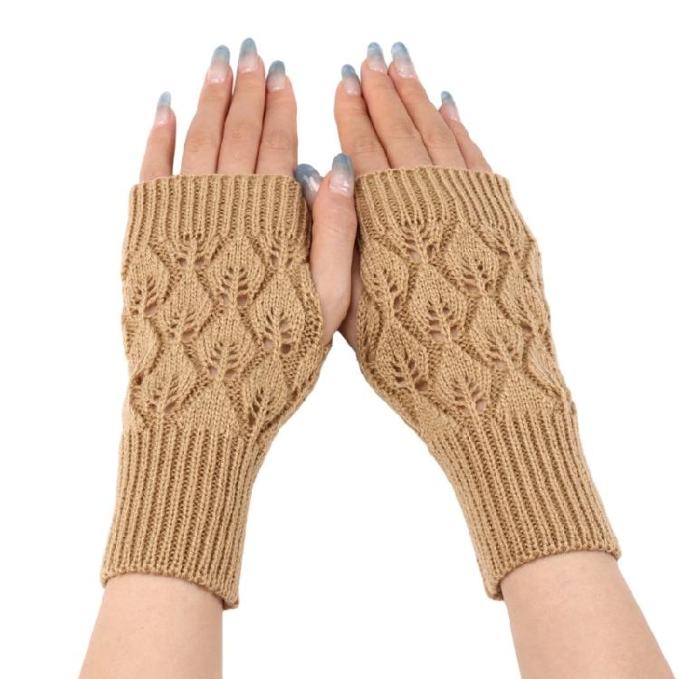 Knit Gloves Textured Leaf Design Soft Acrylic Fabric Cold Weather Fingerless Handwear Unisex Solid Color
