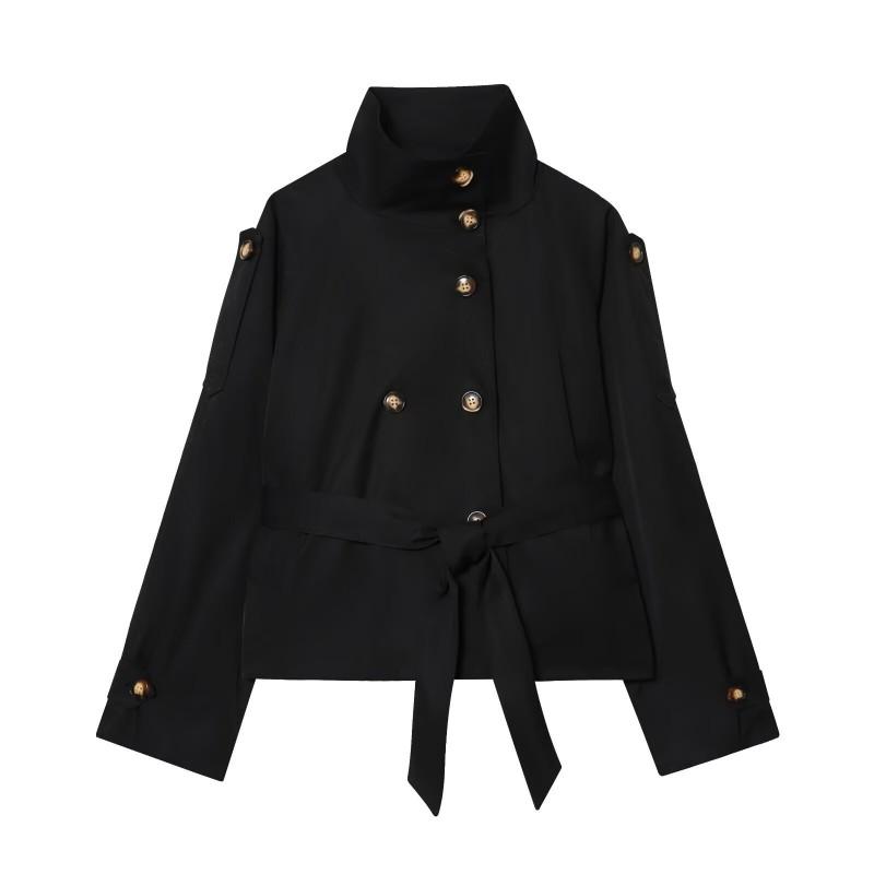 Womens 2026 Double-Breasted Belted Trench Coat With Stand Collar Slim Fit Street Style