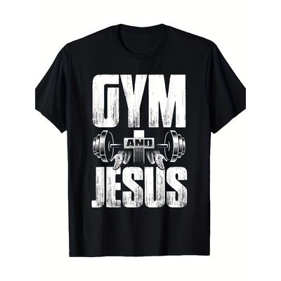 European Sizes Men's Gym Jesus T-Shirt - Heavyweight Christian Weightlifting Tee with Barbell Cross Design - All-Season Faith-Based Workout Shirt