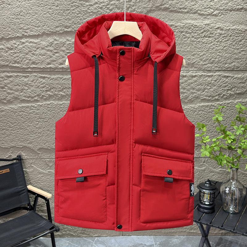 Herbst und Winter Dick Reißverschluss Einfarbig Kapuze Lässig Slim Fit Seitentasche Weste Herren