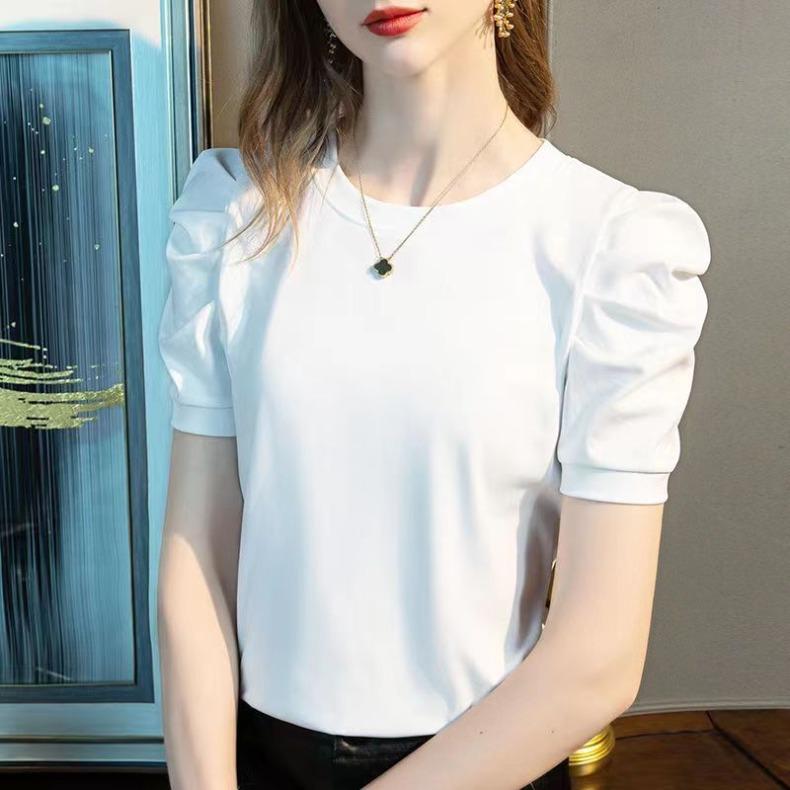 Summer Short Sleeve Tee Women's French Style Bubble Sleeve Top