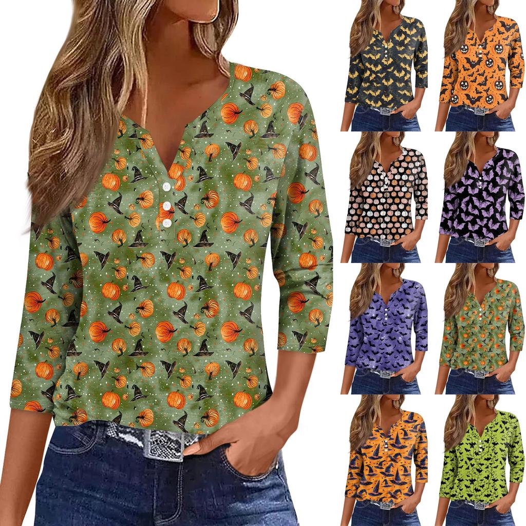 Women's Fashion Casual Halloween Printed V-Neck Short Sleeve Decorative Button Three-quarter Sleeve T-Shirt Top