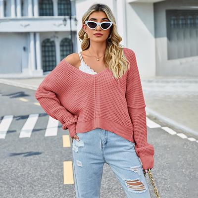 Herbst und Winter Damen Pullover V-Ausschnitt einfarbig trägerlos Strickwaren Sexy Pullover Pullover