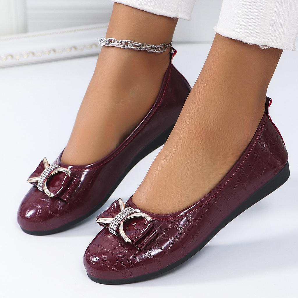 Fashion New Large-sized Flat Single Women's Shoes with Bow Wedge Heels and Low Heels, Round-toed Women's Work Shoes and Leather Shoes