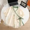 Chinese Style Lace Up Pajama Suit Flower V-Neck Shorts Sleeve Nightwear Women Homewear Loose Two Pieces Sleepwear Sets Home